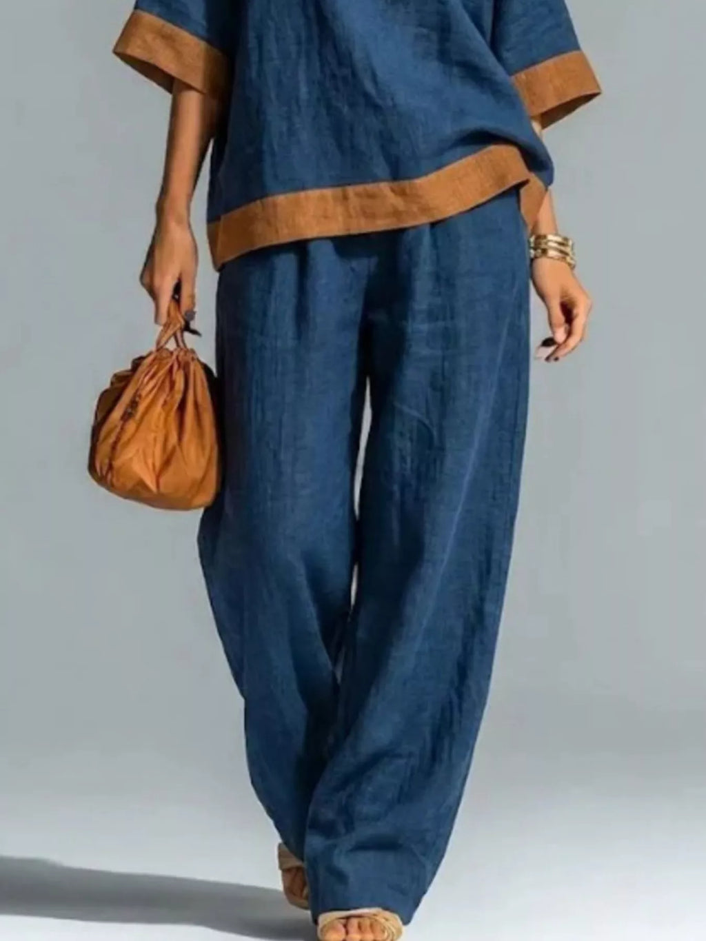 Full Size Contrast Trim Top and Wide Leg Pants Set Plus Size - Lilixa.store