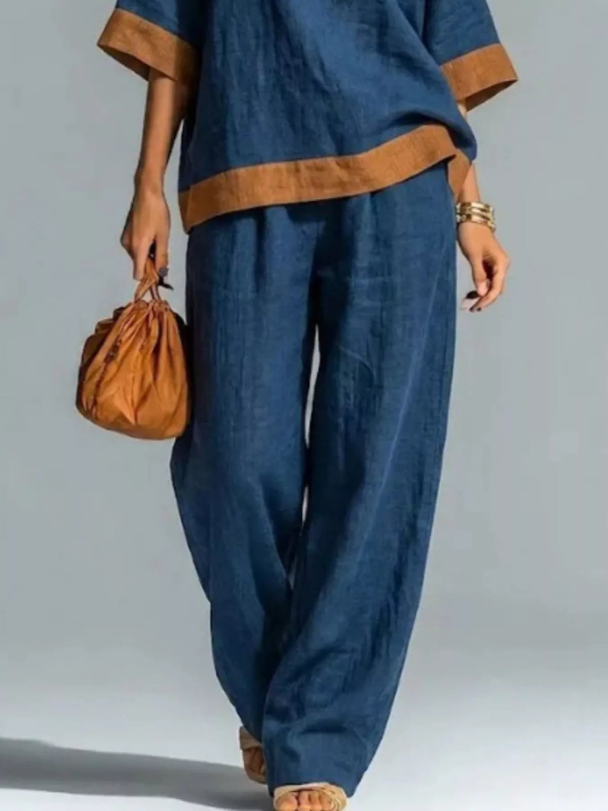 Full Size Contrast Trim Top and Wide Leg Pants Set Plus Size - Lilixa.store