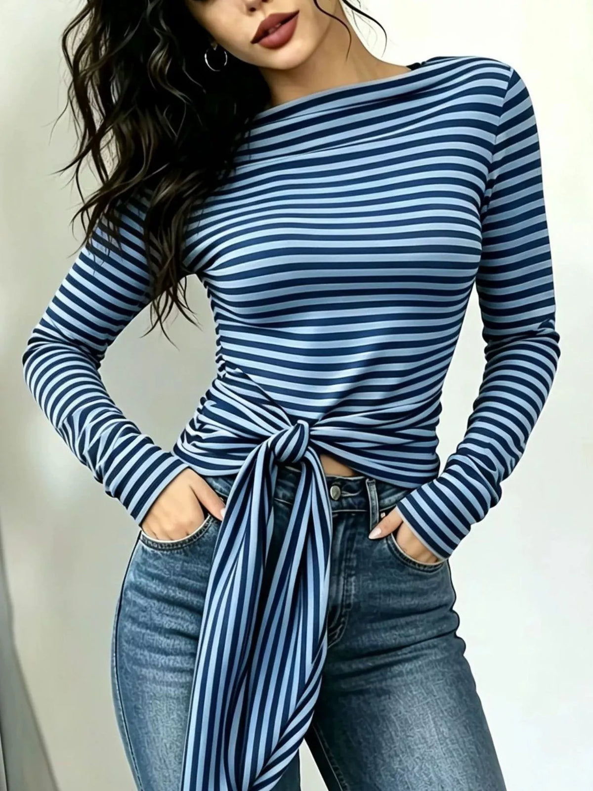 Long Sleeve Striped T-Shirt with Front Tie Detail - Lilixa.store
