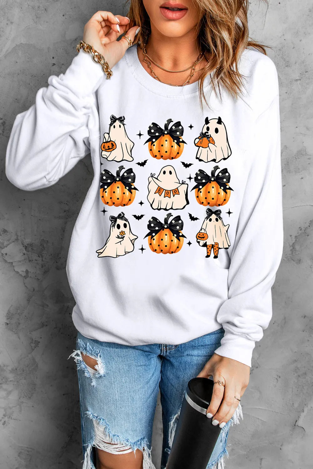 Pumpkin & Ghost Round Neck Long Sleeve Sweatshirt - Lilixa.store