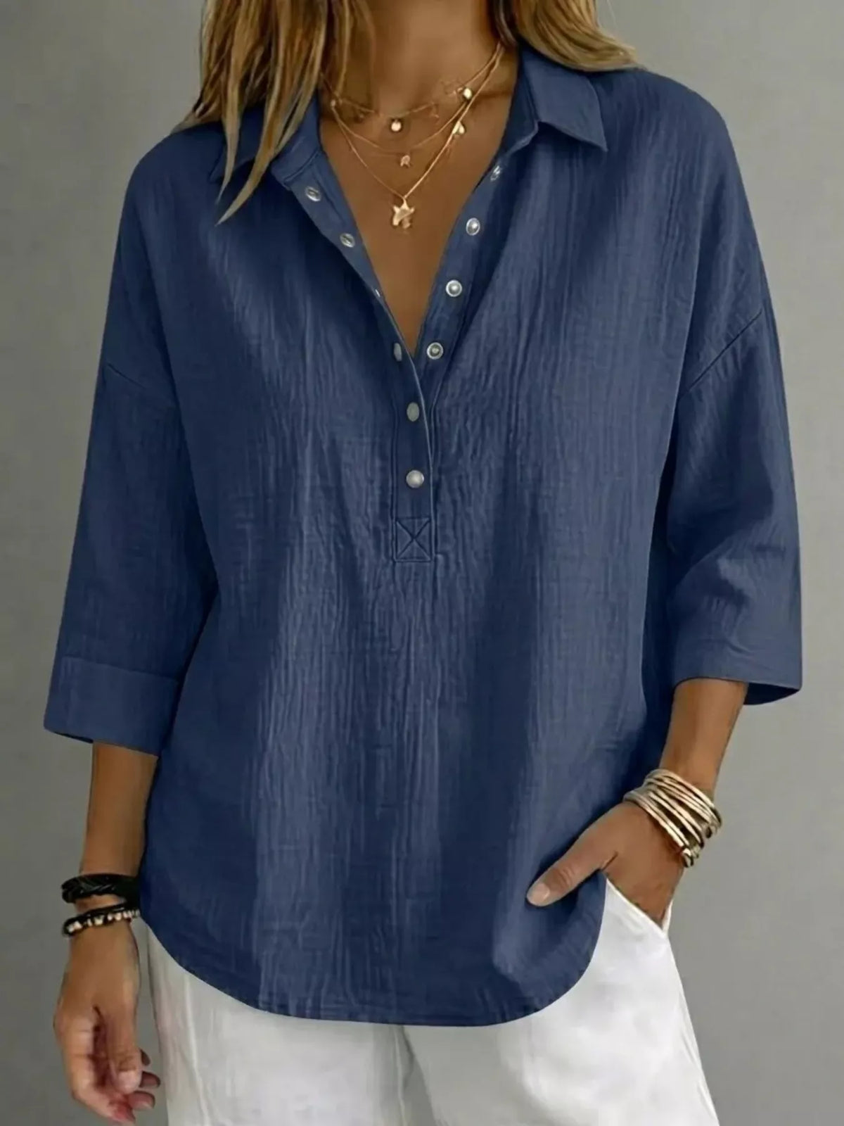 Full Size Snap Down 3/4 Sleeves Blouse Plus Size - Lilixa.store