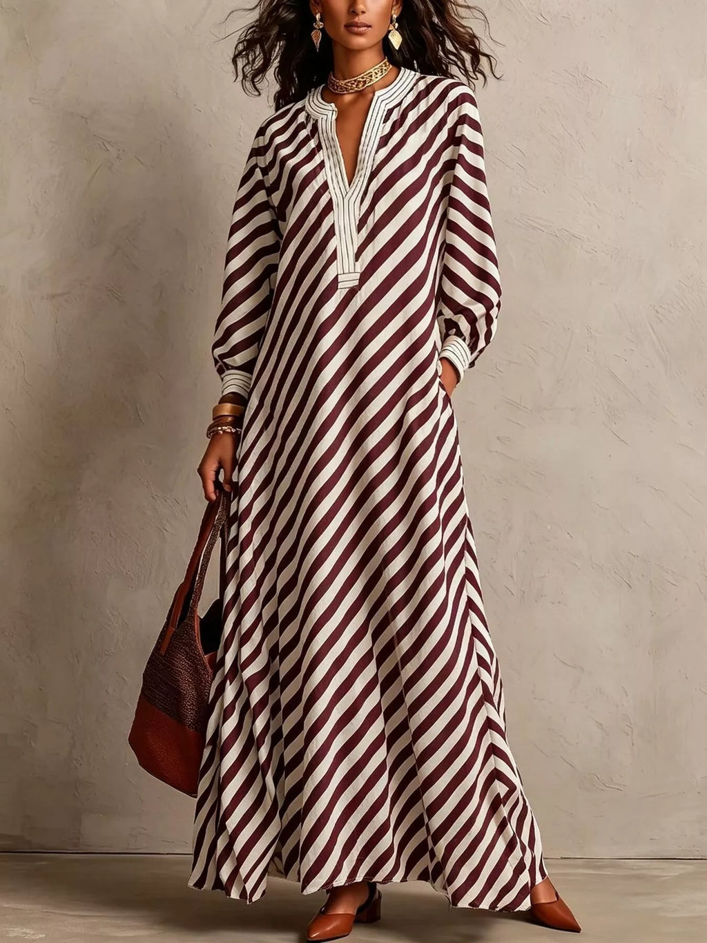 Striped Long Sleeves Maxi Dress - Lilixa.store