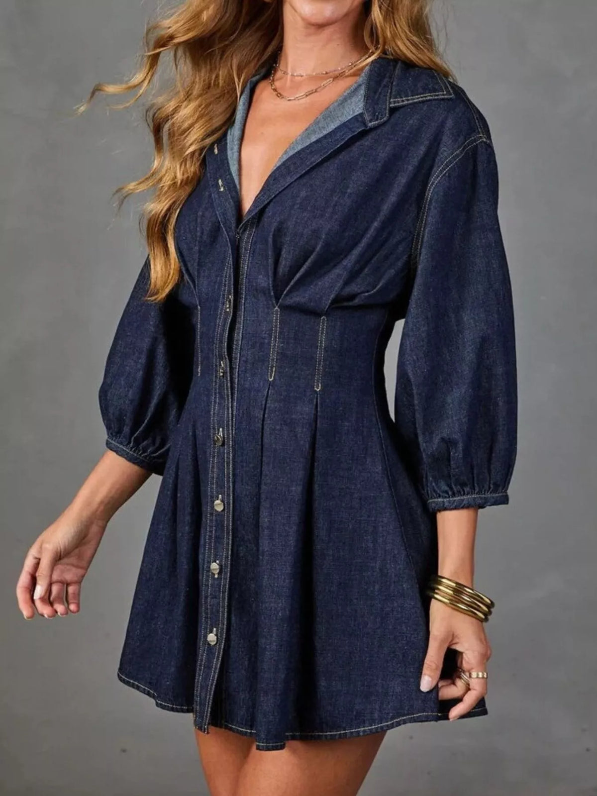 Button Down 3/4 Sleeve Denim Dress - Lilixa.store