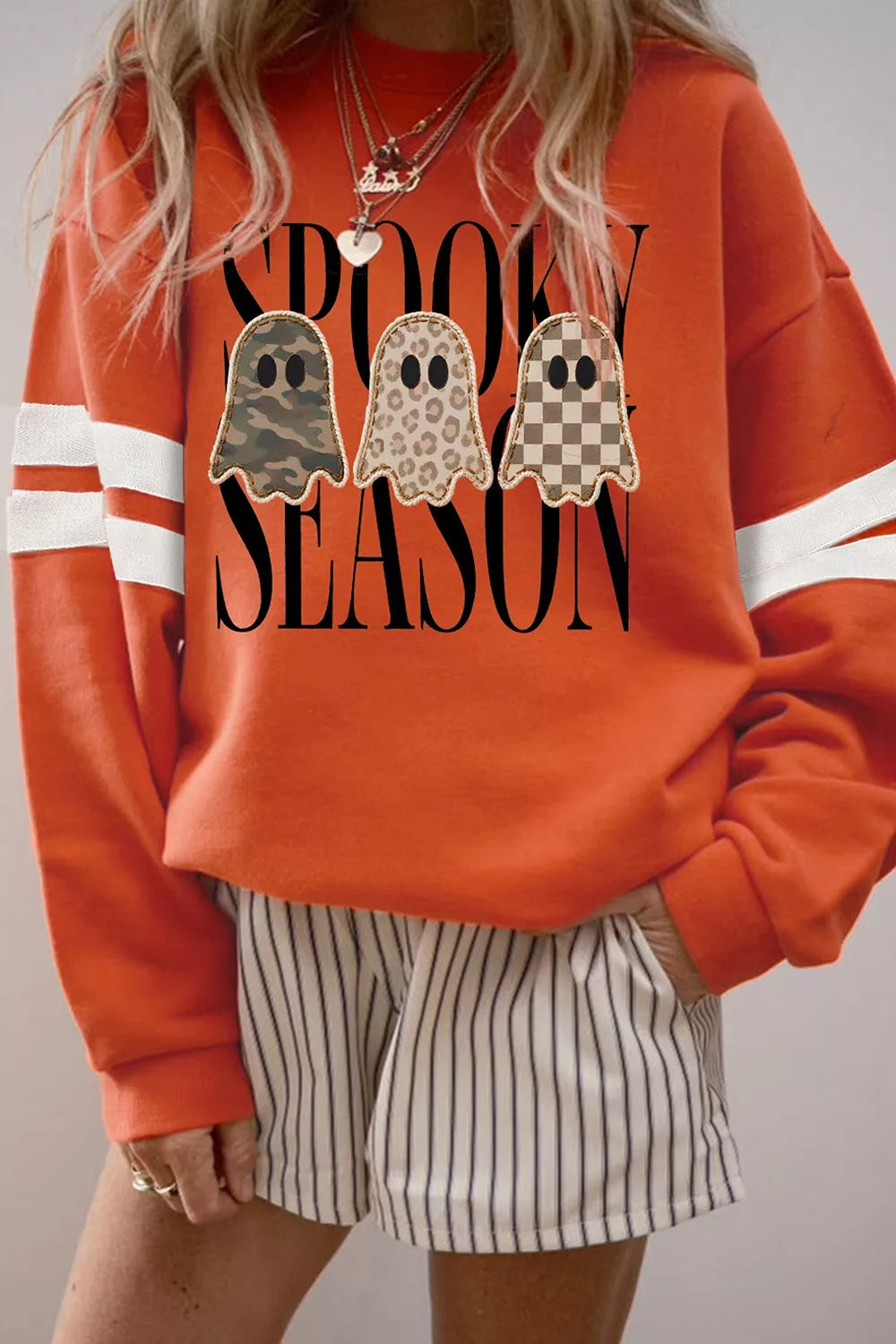 Spooky Season Ghost Graphic Varsity Striped Sleeve Halloween Pullover Sweatshirt - Lilixa.store