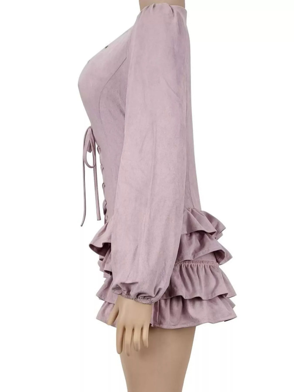 Lace-Up Ruffle Hem Long Sleeve Mini Dress - Lilixa.store