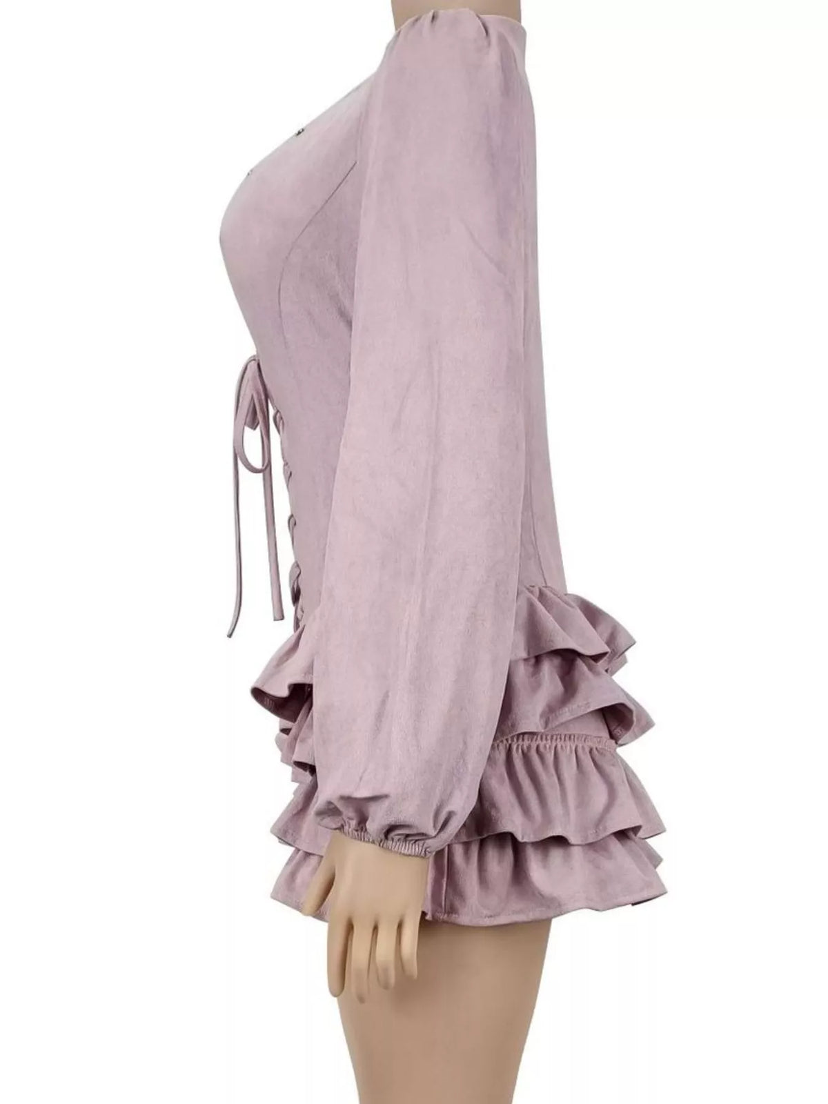Lace-Up Ruffle Hem Long Sleeve Mini Dress - Lilixa.store