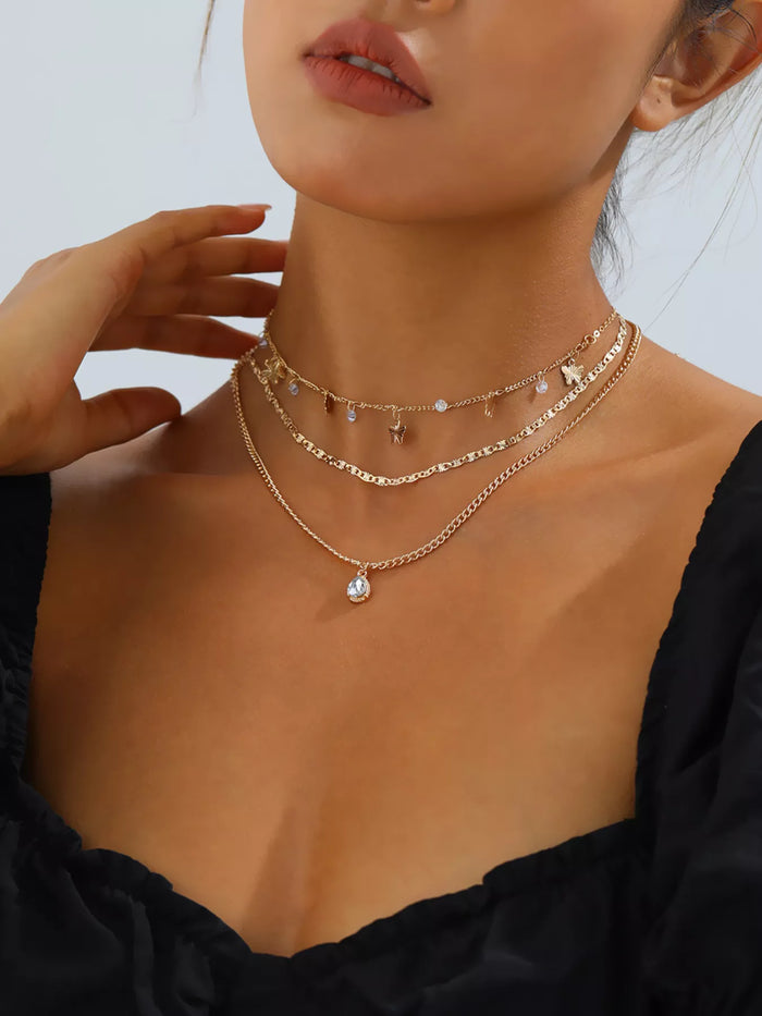 Layered Alloy Necklace with Butterfly and Zircon Charms - Lilixa.store