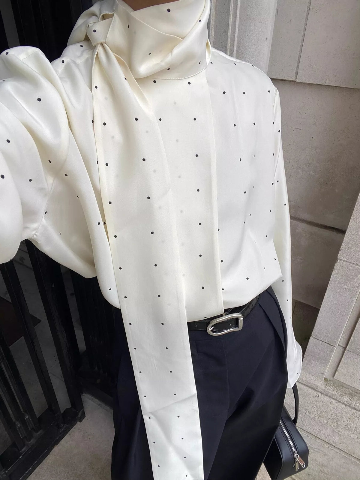 Polka Dot Silk Blouse with Scarf Neck Tie in White, view 2