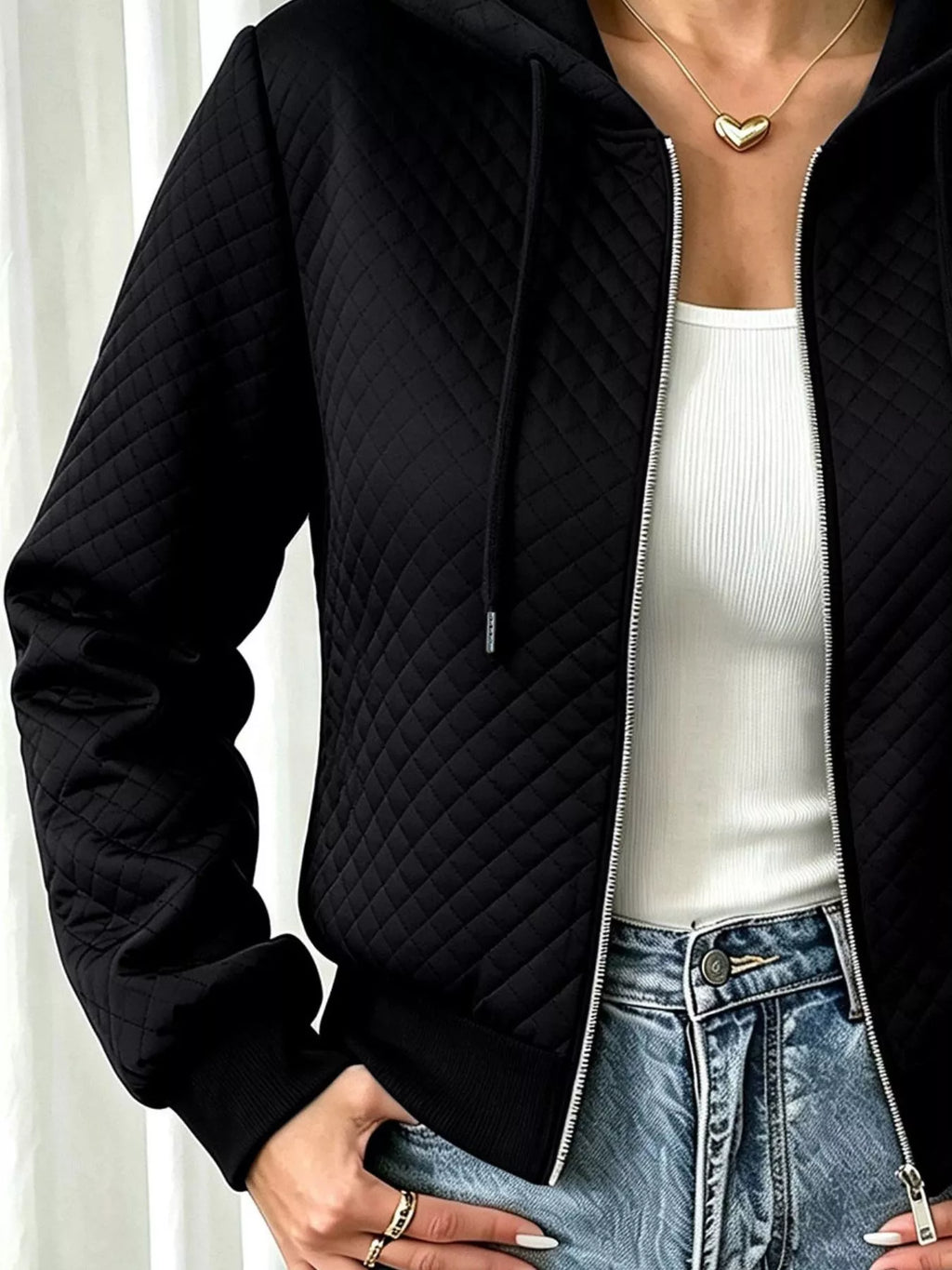 Hooded Zip-Up Texture Jacket - Lilixa.store