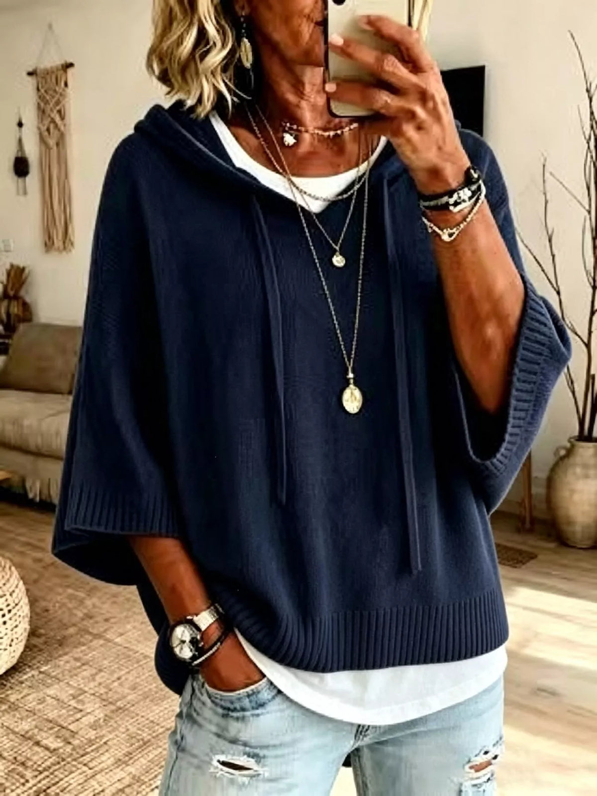 Full Size Casual Hooded Batwing Sleeve Knit Sweater Plus Size, view 4