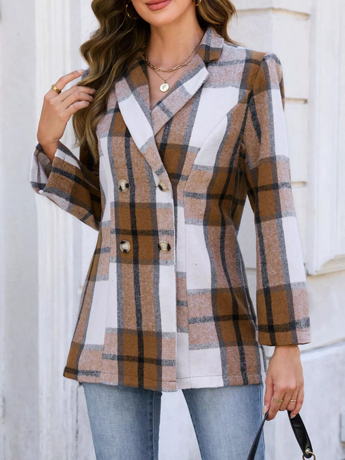 Plaid Double-Breasted Blazer - Lilixa.store