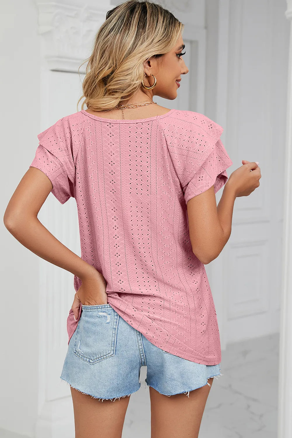 Eyelet V-Neck Short Sleeve T-Shirt - Lilixa.store