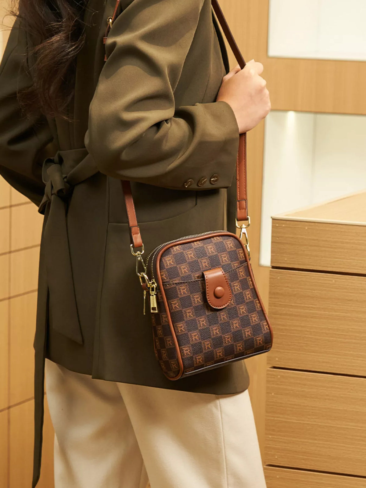 Printed PU Leather Crossbody Bag in Brown, view 9