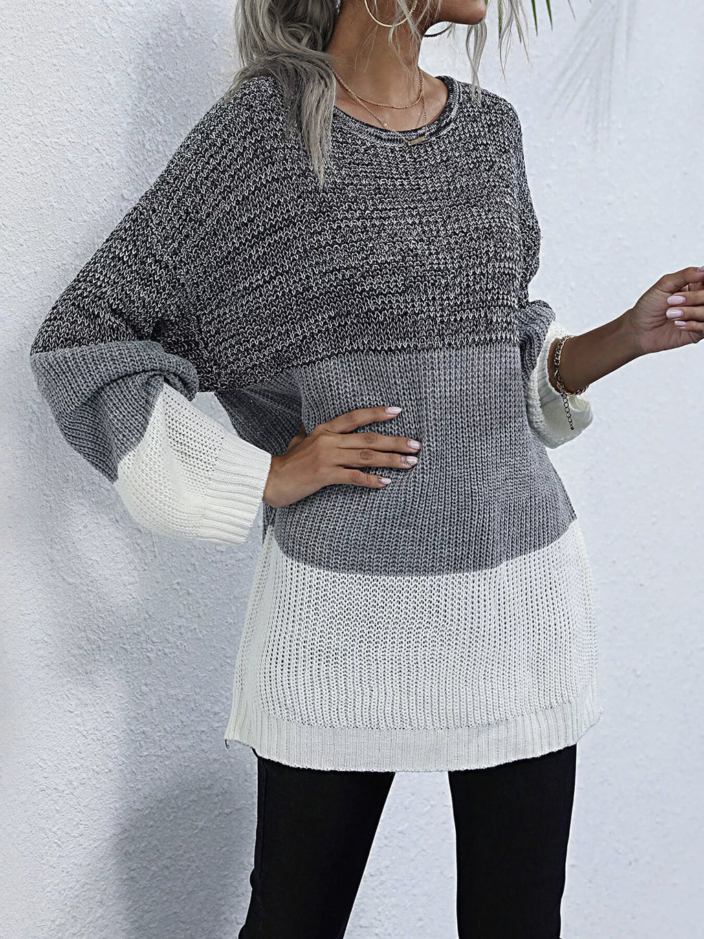 Color Block Round Neck Oversized Sweater - Lilixa.store