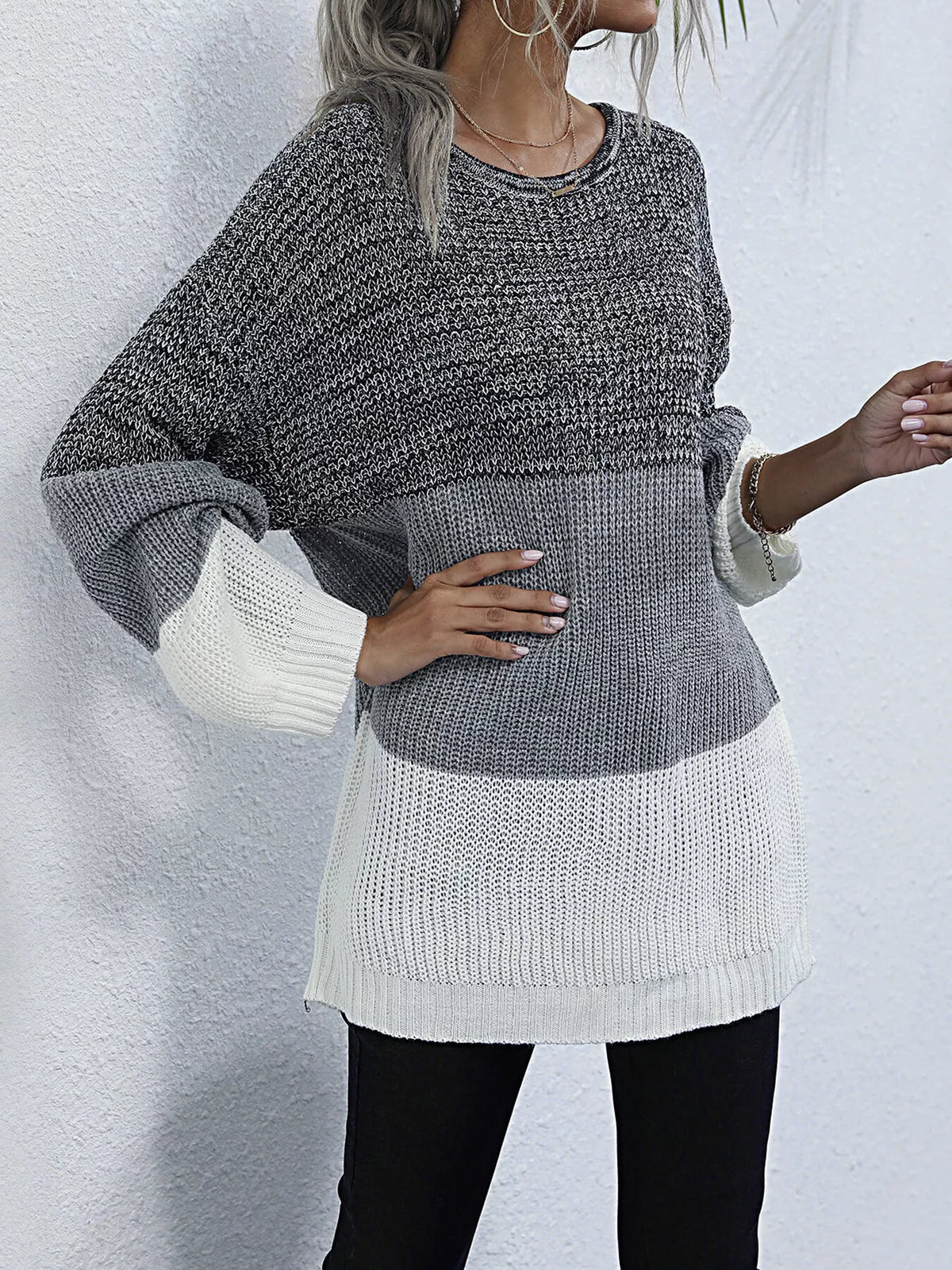 Color Block Round Neck Oversized Sweater - Lilixa.store
