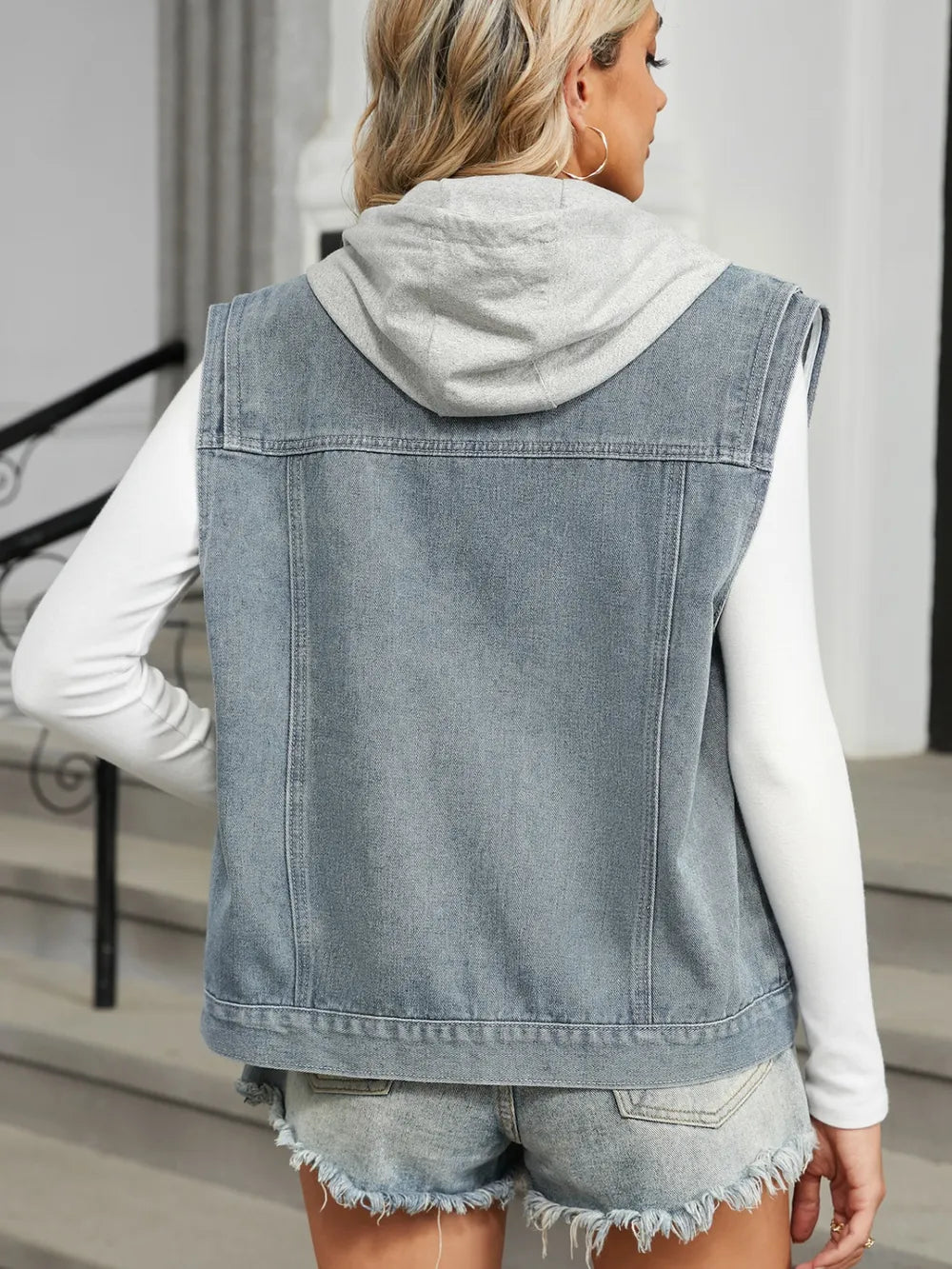 Pocketed Button Up Sleeveless Denim Jacket in Black, view 2