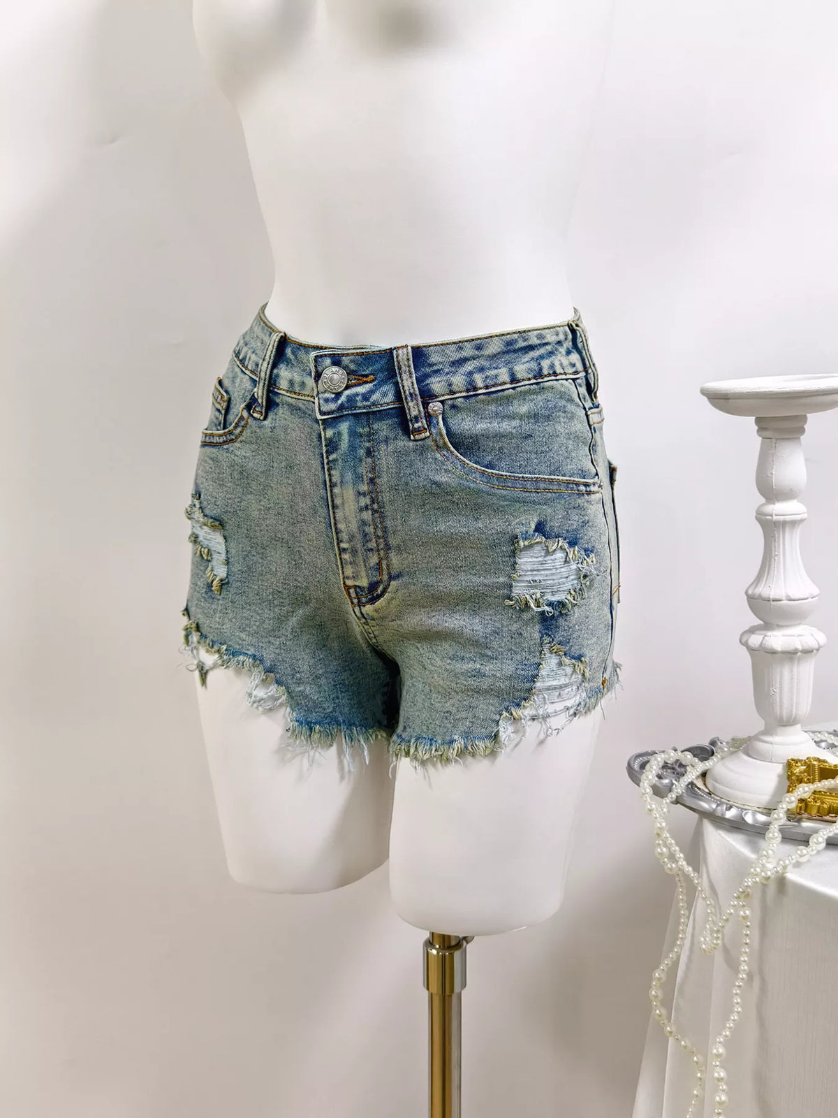 High-Waisted Distressed Raw Hem Denim Shorts, view 5