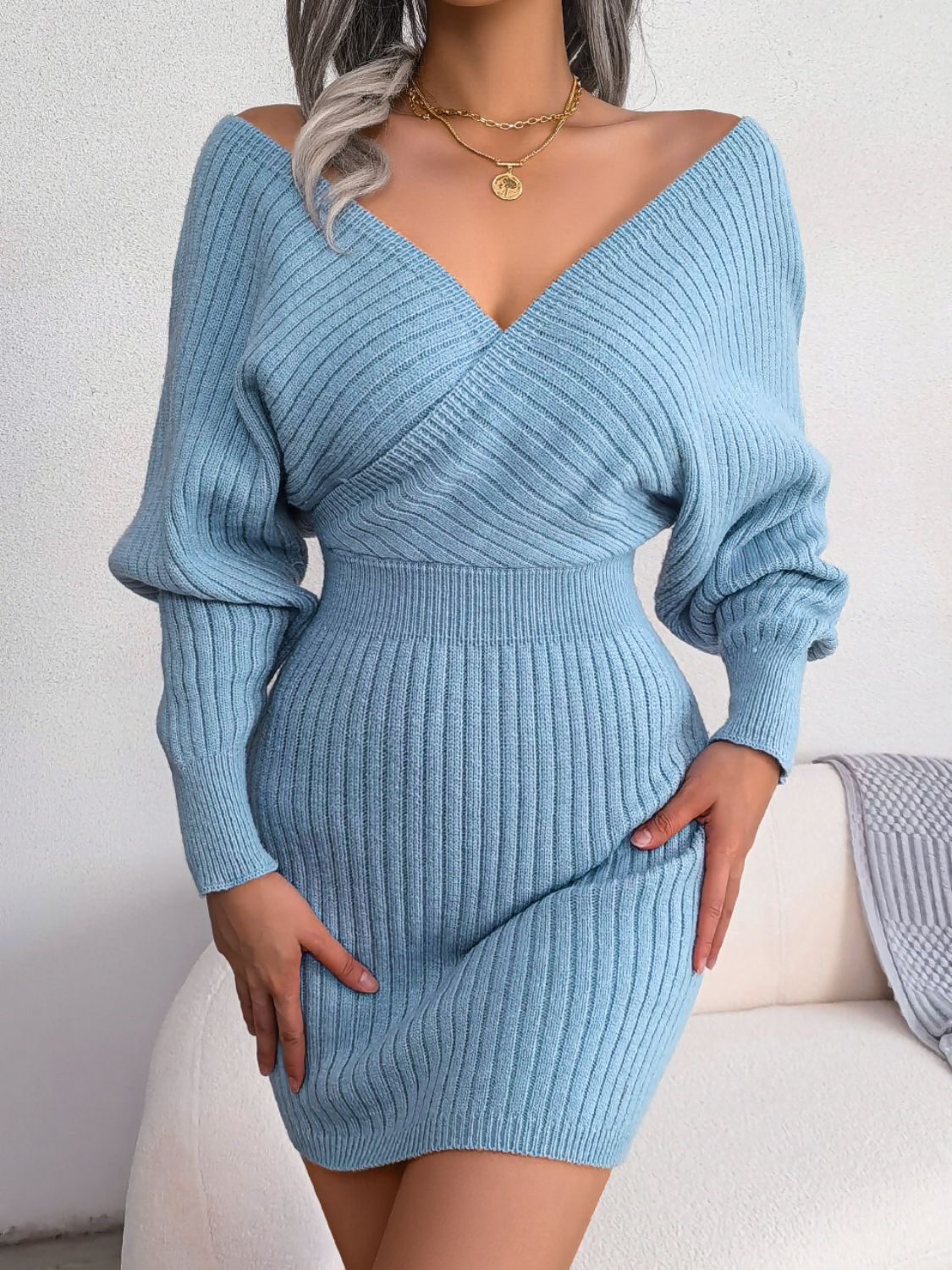 Rib-Knit Dolman Sleeve Sweater Dress in Sky Blue