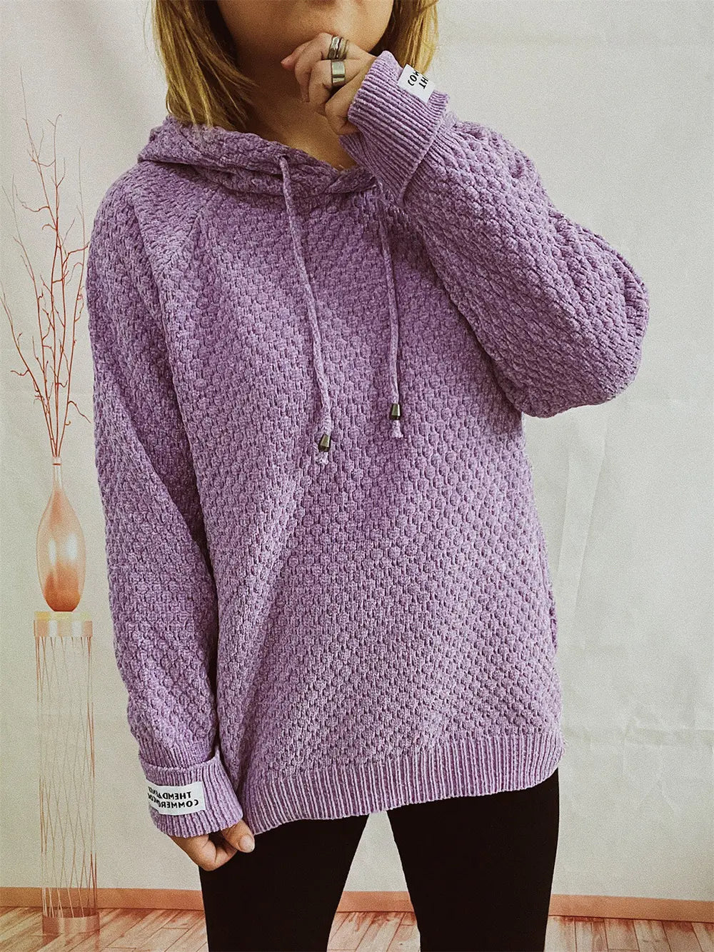 Drawstring Long Sleeve Hooded Sweater, view 6