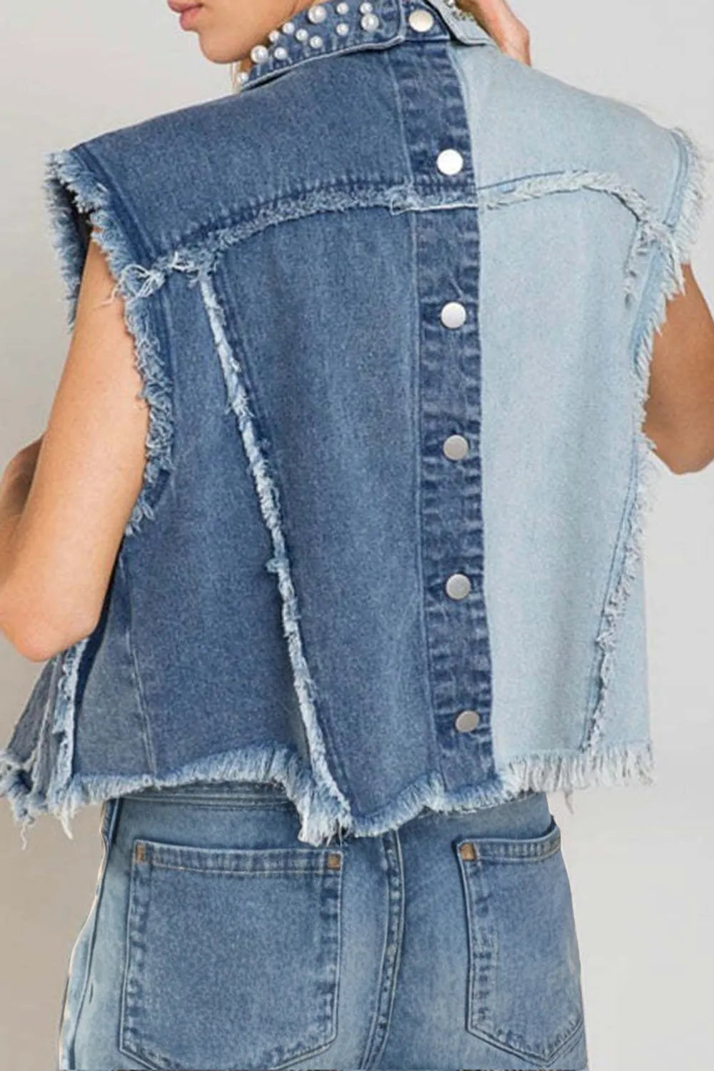 Pearl Raw Hem Sleeveless Denim Jacket, view 3