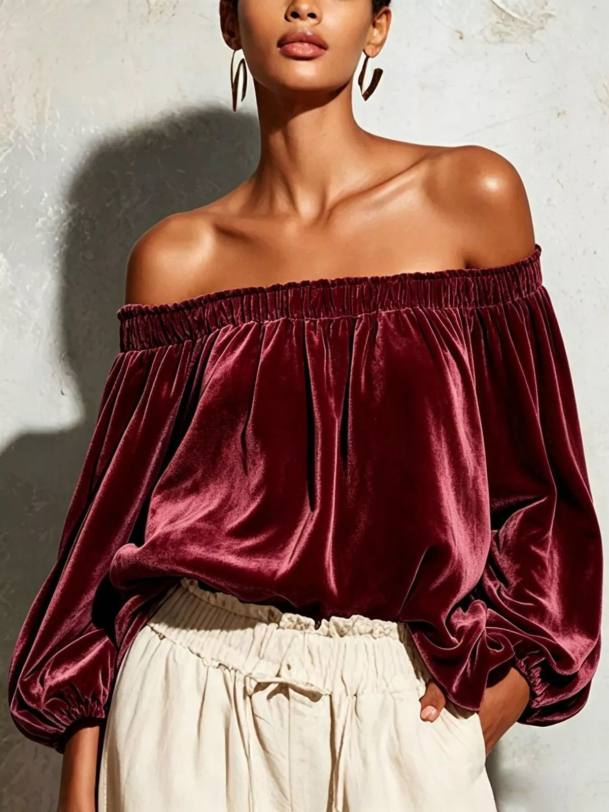 Off-Shoulder Velvet Long Sleeve T-Shirt - Lilixa.store