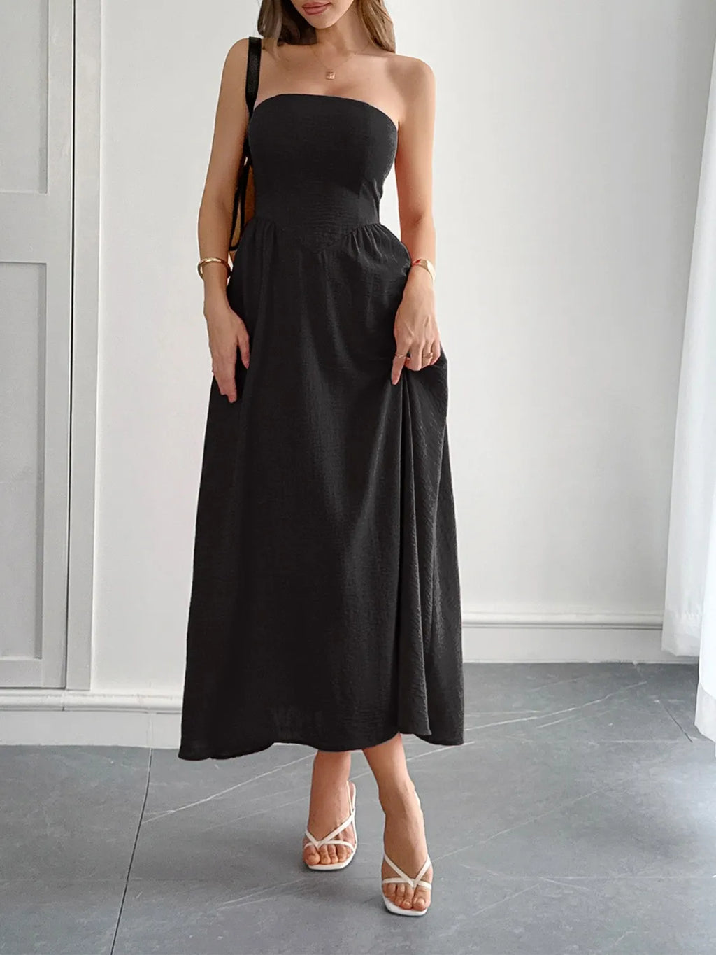 Strapless A-Line Midi Dress with Pockets - Lilixa.store