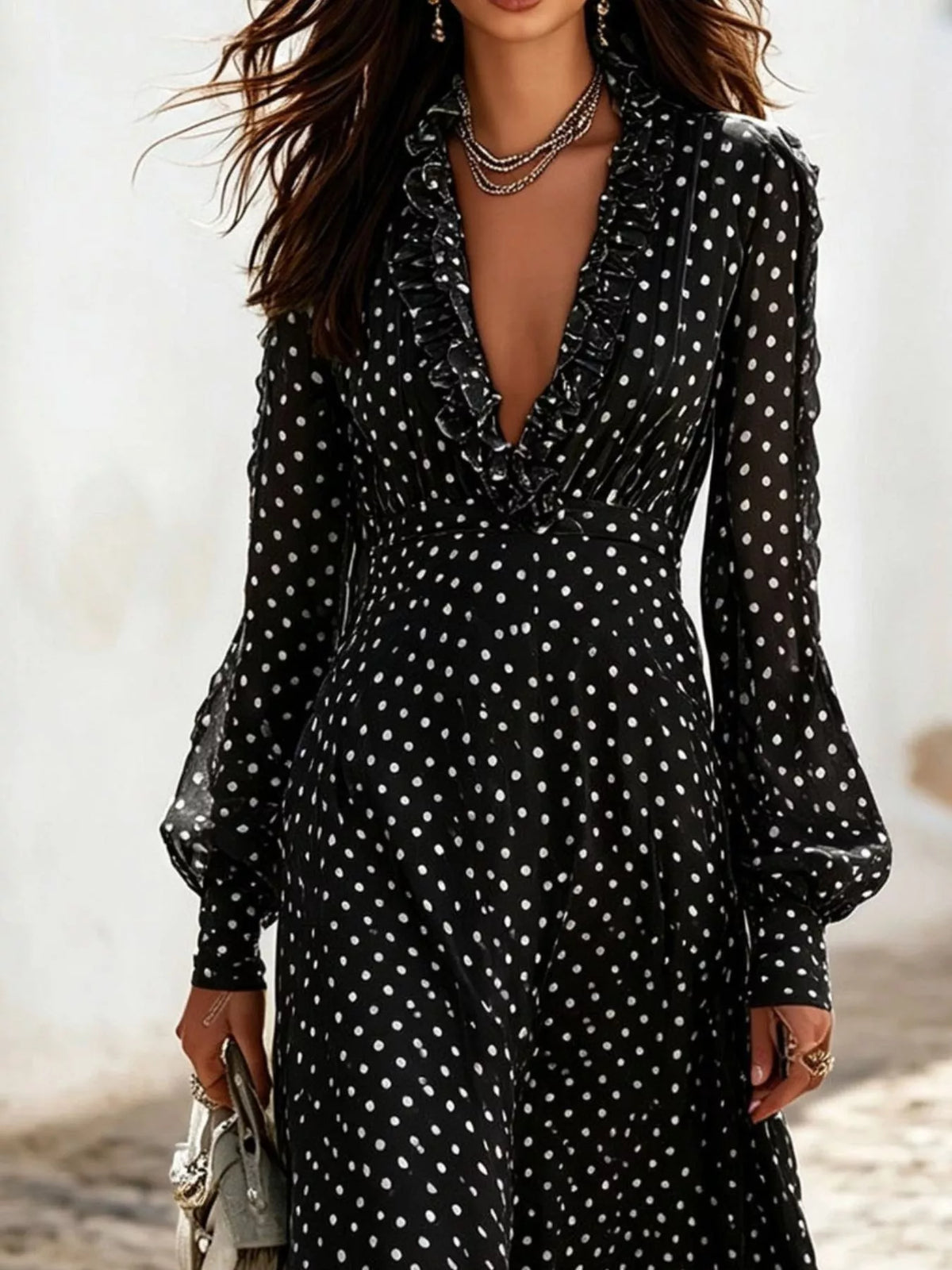 Full Size Polka Dot Ruffle V-Neck Maxi Dress Plus Size - Lilixa.store