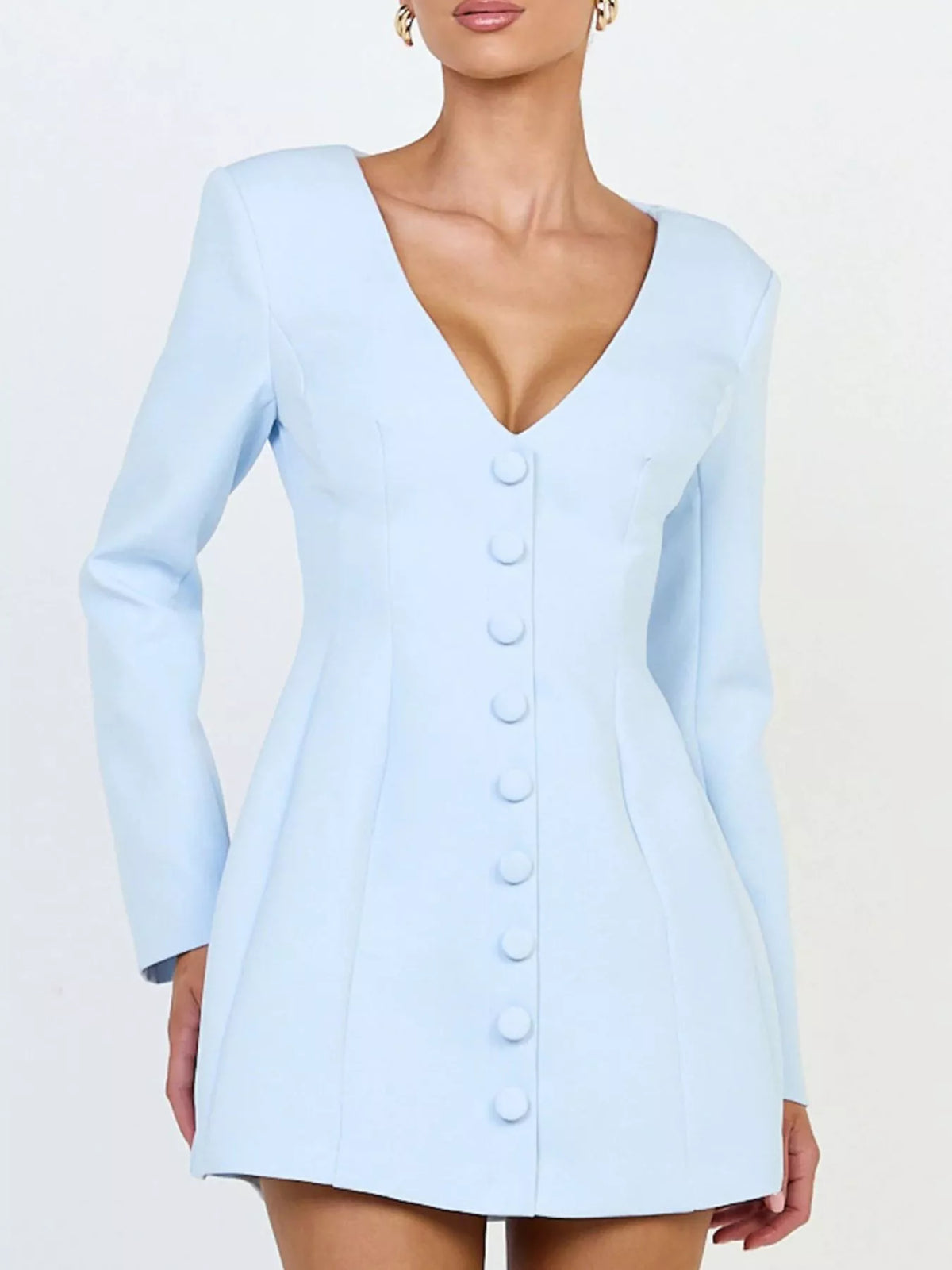 Deep V-Neck Button-Down Blazer Dress in Light Blue