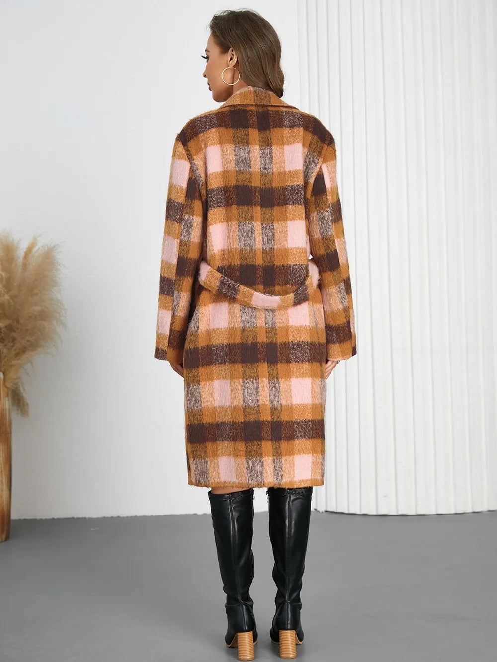 Tied Plaid Collared Neck Coat, view 12