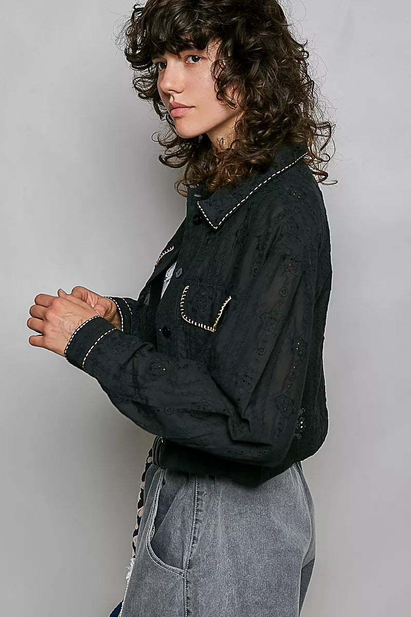 POL Cropped Button-Front Eyelet Cotton Jacket in Black, view 2