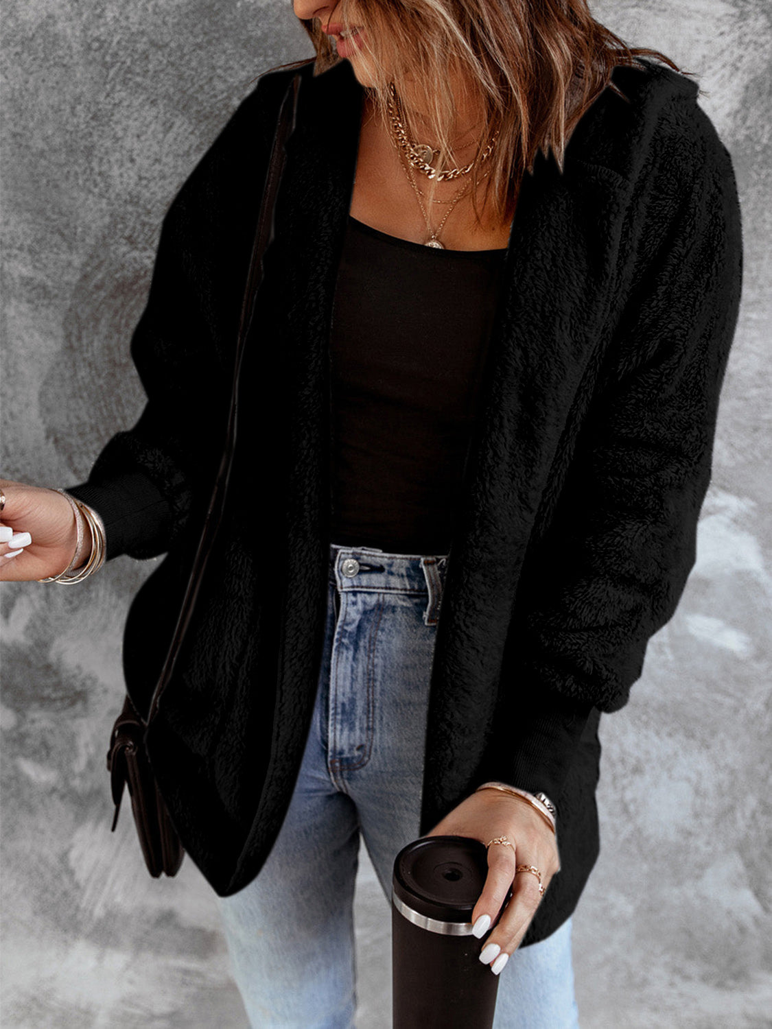Open Front Hooded Faux Fur Outwear with Pockets - Lilixa.store