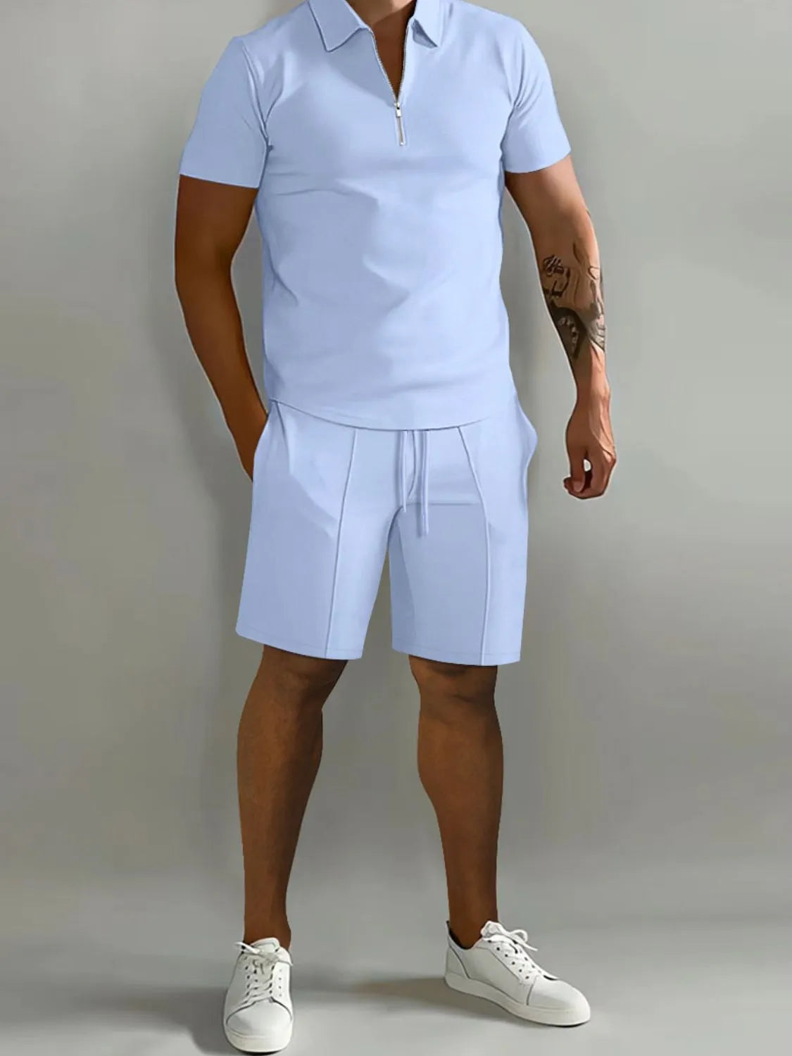 Men's Full Size Collared Neck Short Sleeve Top and Shorts Set Plus Size in Light Blue