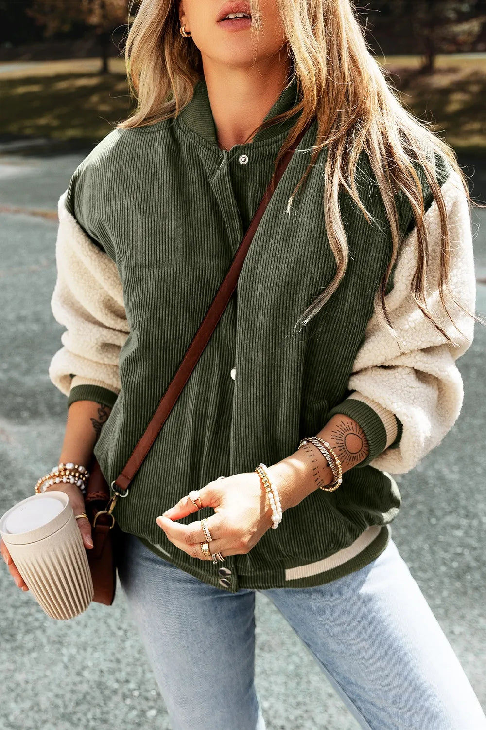 Contrast Baseball Collar Snap Down Long Sleeve Jacket, view 4