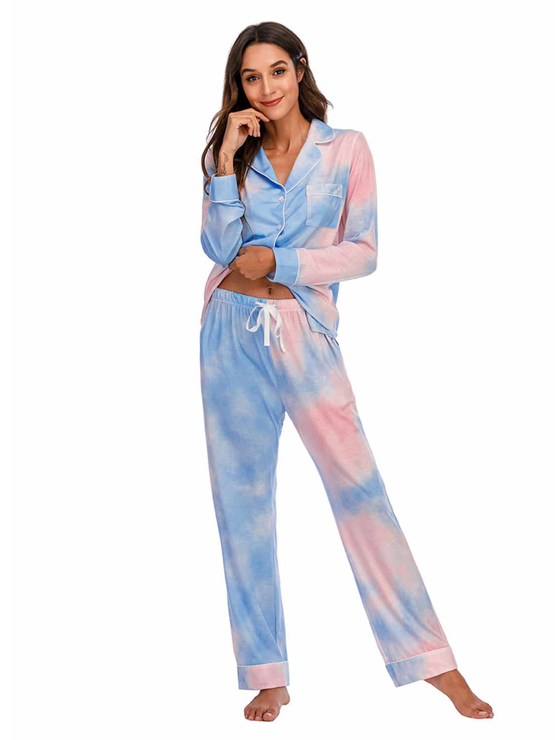 Collared Neck Long Sleeve Loungewear Set with Pockets - Lilixa.store