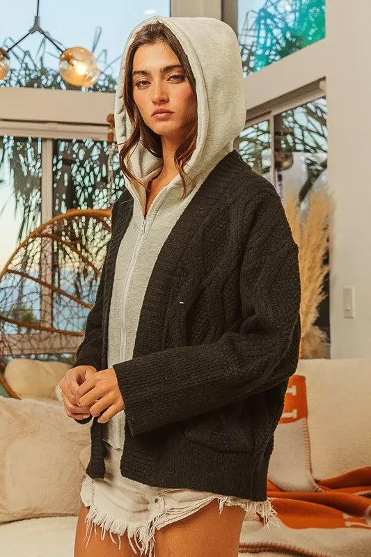 BiBi Knit Hoodie Rhombus Sweater Jacket in Black/Grey, view 4