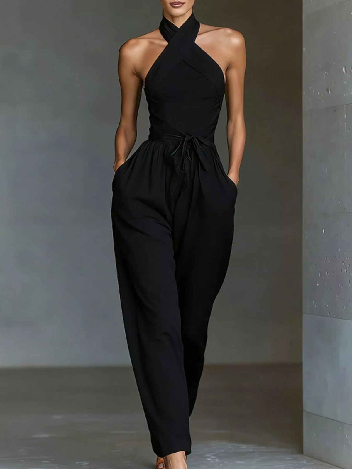 Halter Neck Wide-Leg Jumpsuit with Waist-Tie Detail - Lilixa.store