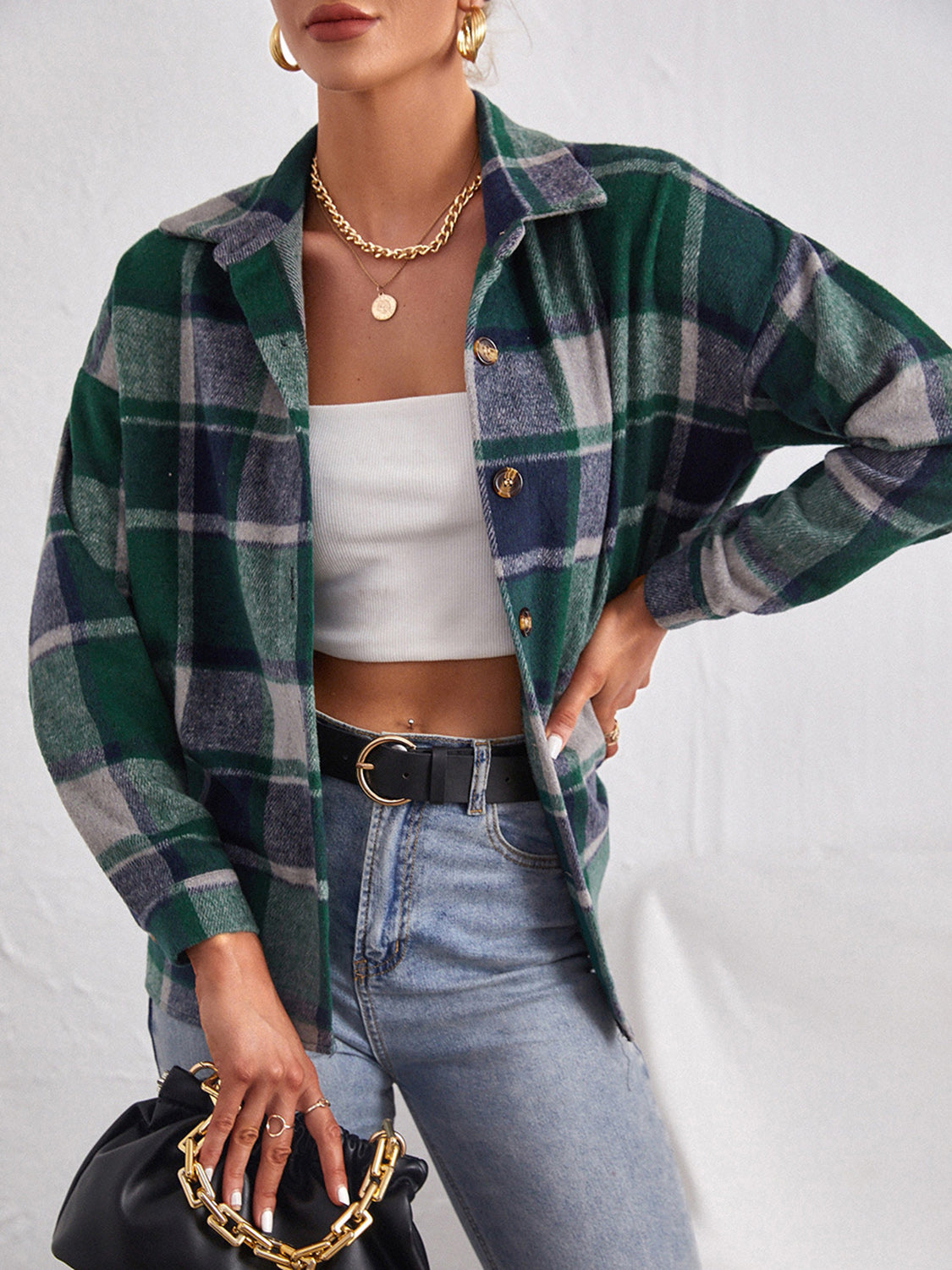 Plaid Collared Neck Button Down Jacket in Dark Green