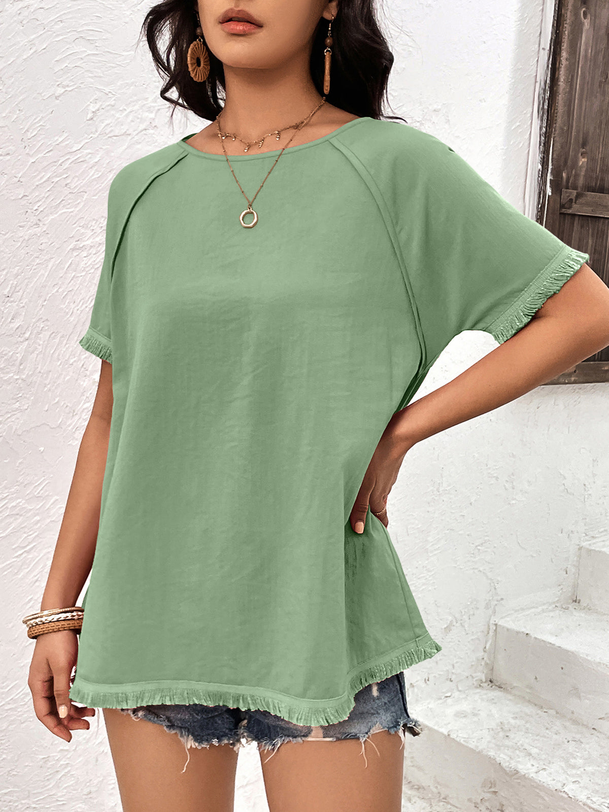 Ivy Lane Round Neck Raglan Sleeve Fringe Detail Top, view 2