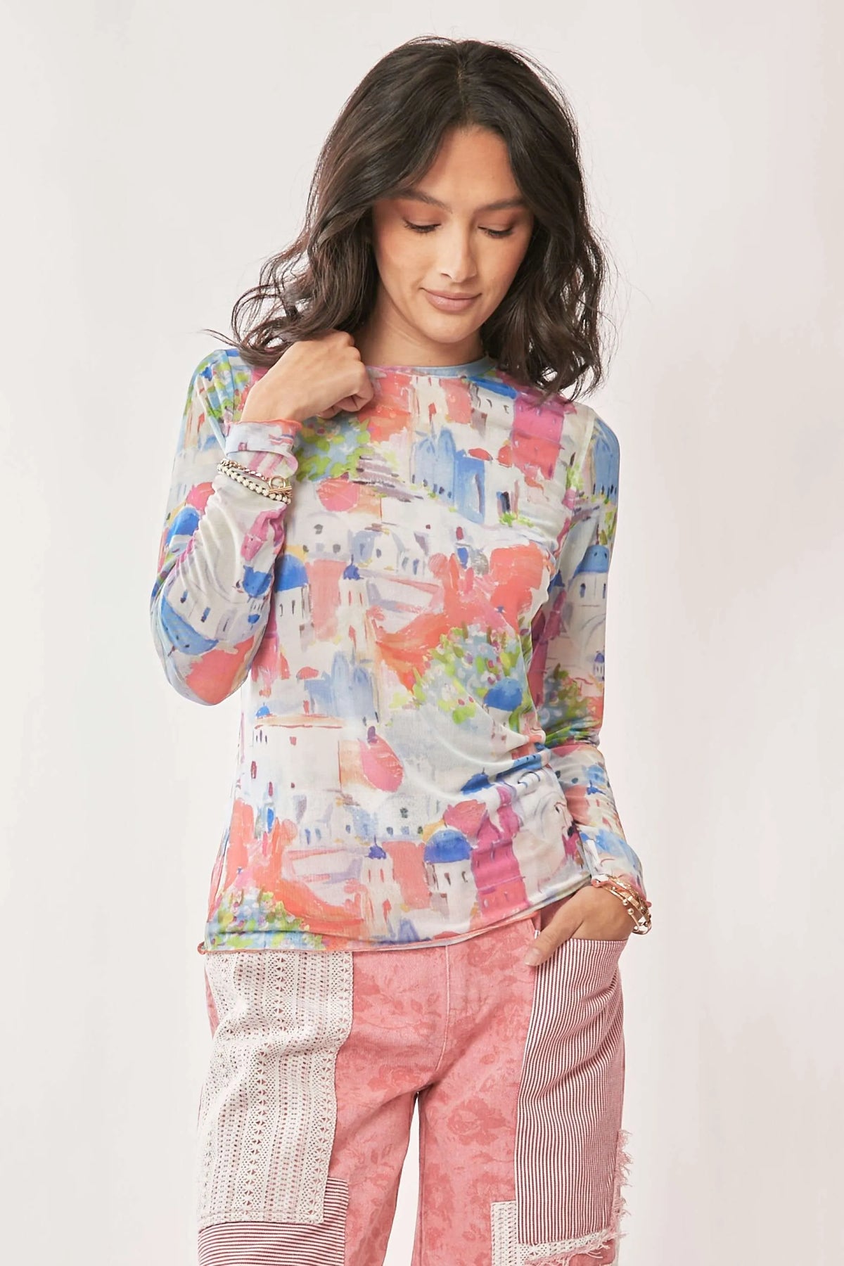 Davi & Dani Multi Printed Mesh Round Neck Long Sleeve Top - Lilixa.store