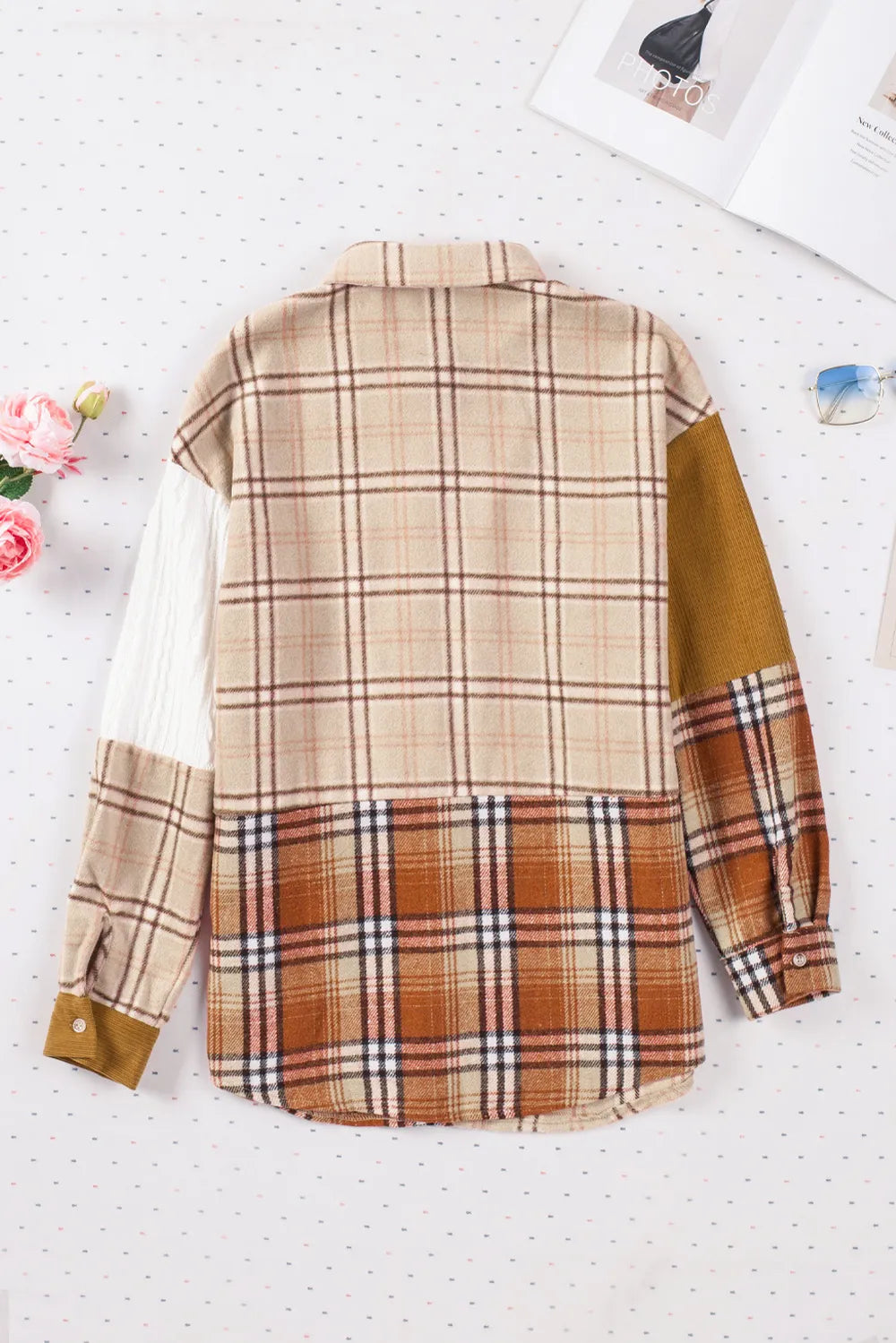 Plaid Button Up Long Sleeve Shacket in Sherbet, view 12