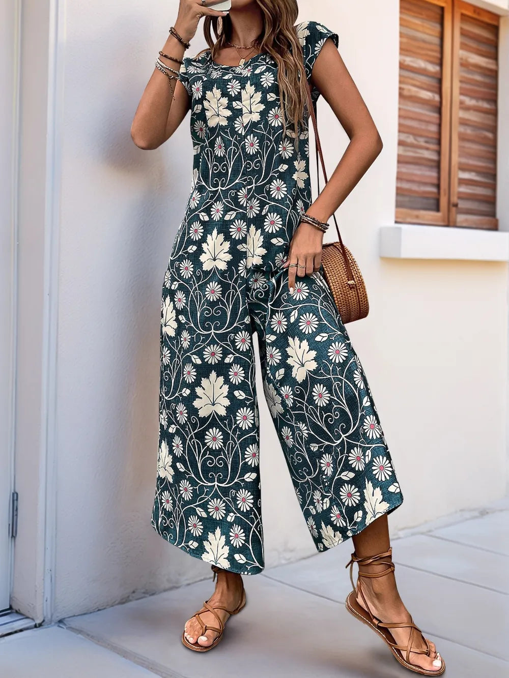 Perfee Printed Round Neck Cap Sleeve Wide Leg Jumpsuit - Lilixa.store
