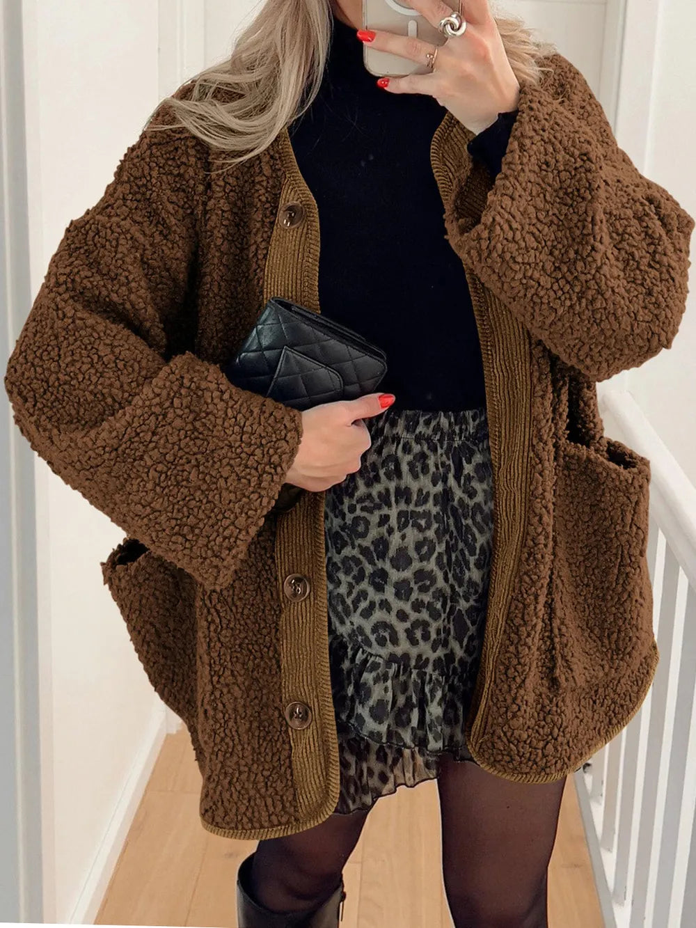 Contrast Button Up Sherpa Jacket with Pockets in Brown
