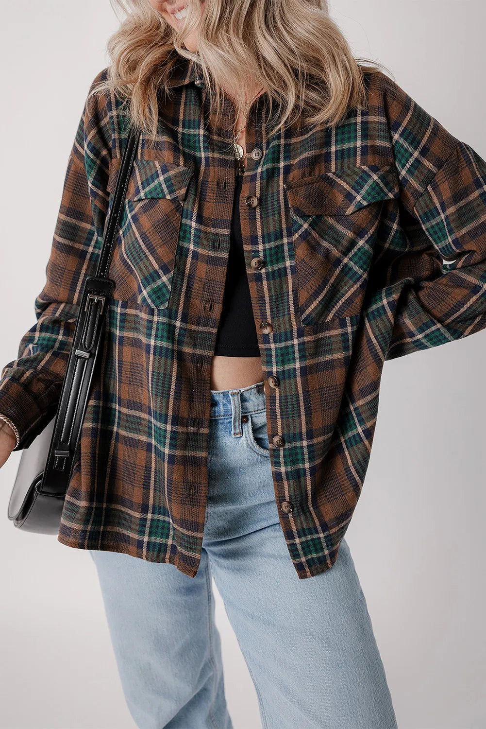 Plaid Button Up Long Sleeve Jacket in Caramel, view 2