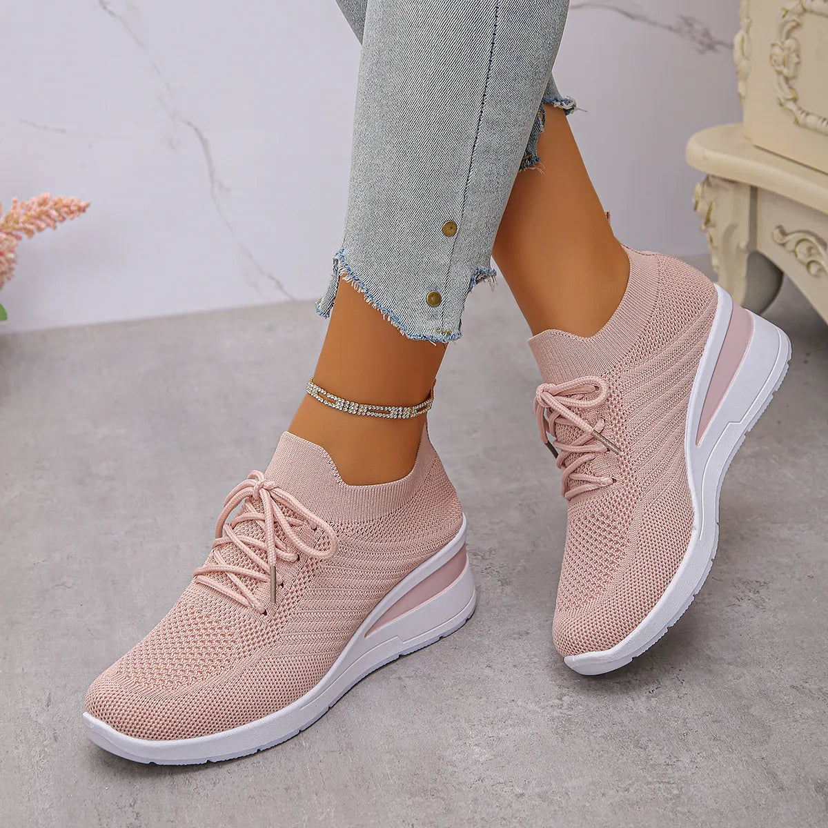 Mesh Lace Up Wedge Athletic - Lilixa.store