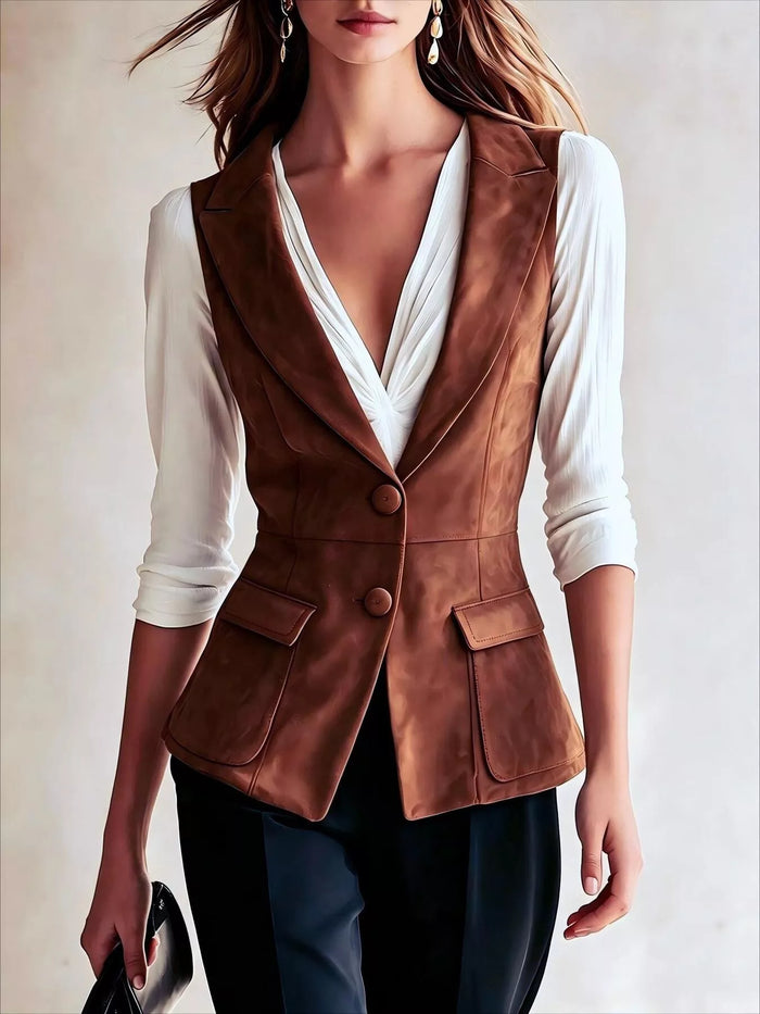Button-Front Closure Suede Vest Coat in Dark Brown