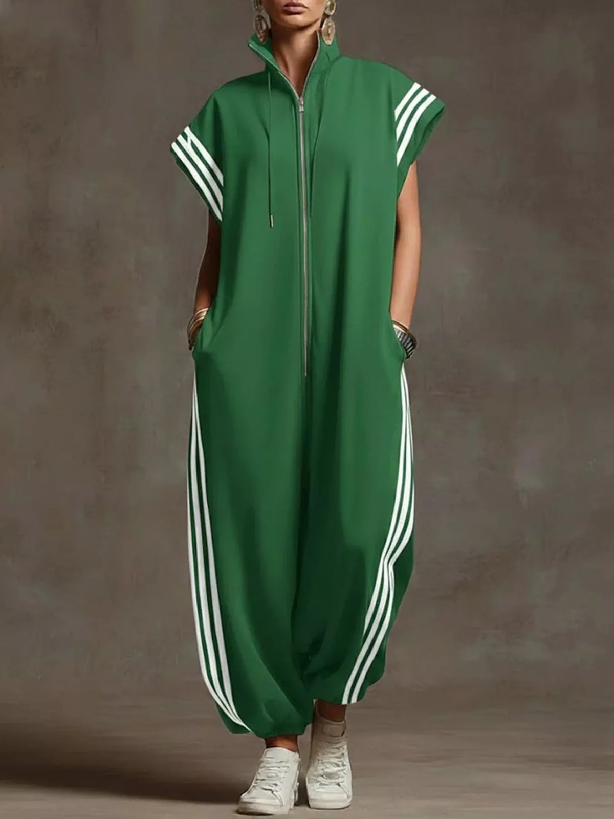 Full Size Side Stripe Zip-Front Wide Leg Jumpsuit Plus Size