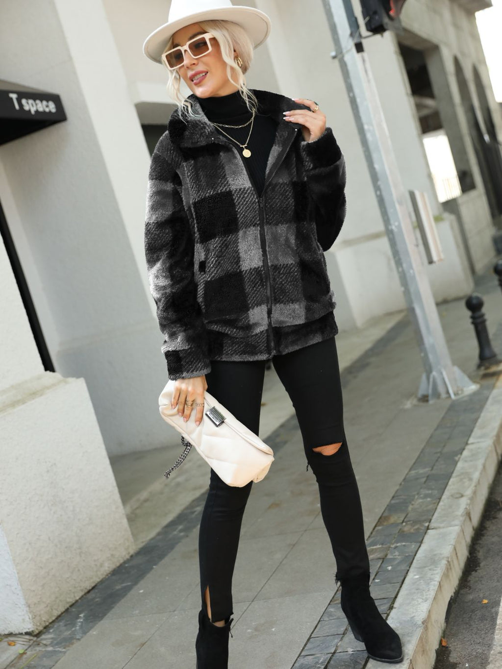 Plaid Zip-Up Collared Jacket - Lilixa.store