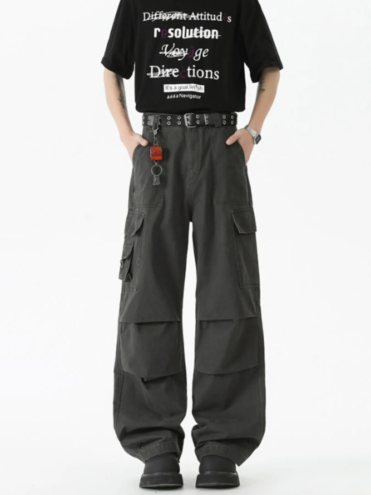 Men's Wide Leg Cargo Pants with Ruched Detail in Grey
