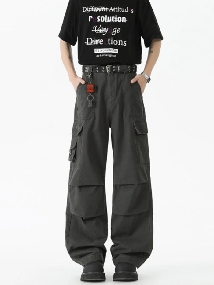 Men's Wide Leg Cargo Pants with Ruched Detail in Grey