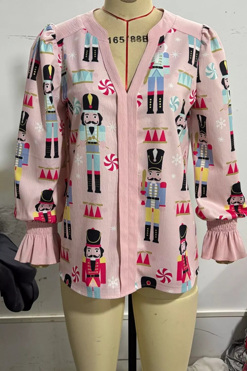 Nutcracker Print Notched Flounce Sleeve Blouse in Blush Pink, view 6